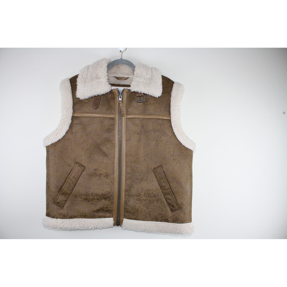 American Eagle Mens Faux Leather Sherpa Aviator Vest Brown Large L Flight Jacket